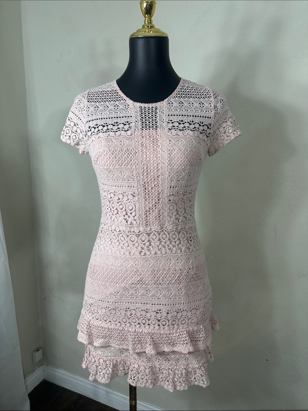 Parker Light Pink Crochet Lace Tiered Mini Dress